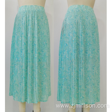 Woven Blue Flowers Print Chiffon Pleated Skirt